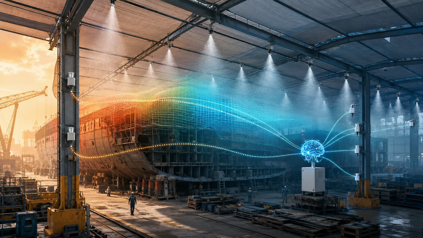 AI 스마트 미세분사 열환경 제어 냉각 시스템 개념도 - IoT·WBGT 센싱, 3D CFD·Janus AI 예측, 노즐별 지향·분사량 제어